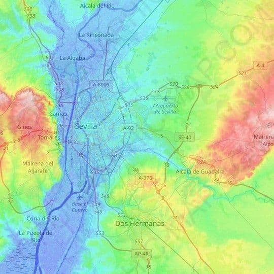 Mapa de elevación de Sevilla