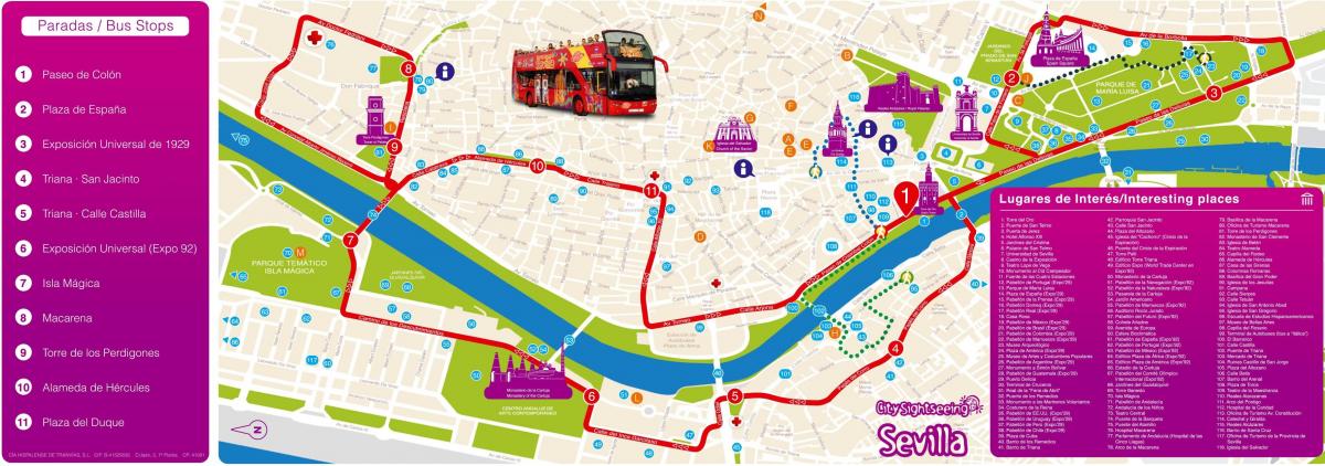 Mapa de excursiones en autobús de Sevilla Hop On Hop Off